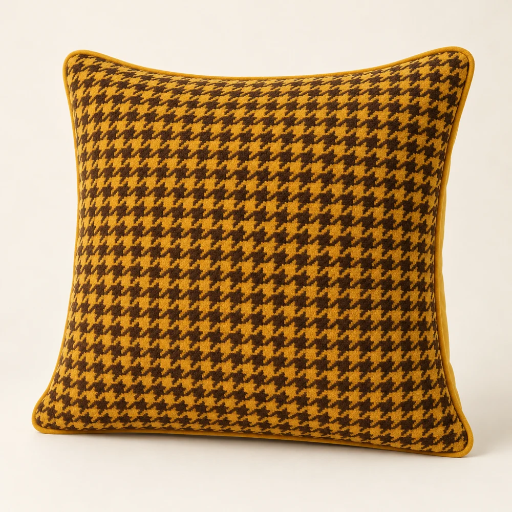 Mustard & Walnut square houndstooth velvet cushion cover; insert shown for styling